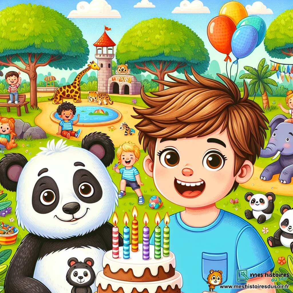 Dans un zoo animé, deux garçons joyeux, Léo et Max, célèbrent leur anniversaire. Léo, 4 ans, avec des cheveux bruns et un t-shirt bleu, tient un paquet de bonbons en forme d'animaux. Max, également 4 ans, avec des cheveux blonds et un t-shirt rouge, montre un gâteau avec des bougies sur une table décorée de ballons. Le zoo regorge d'animaux exotiques et d'enfants jouant sur une aire de jeux colorée. Léo et Max, entourés de rires, sont prêts à souffler les bougies de leur gâteau, célébrant leur amitié et leur bonheur.