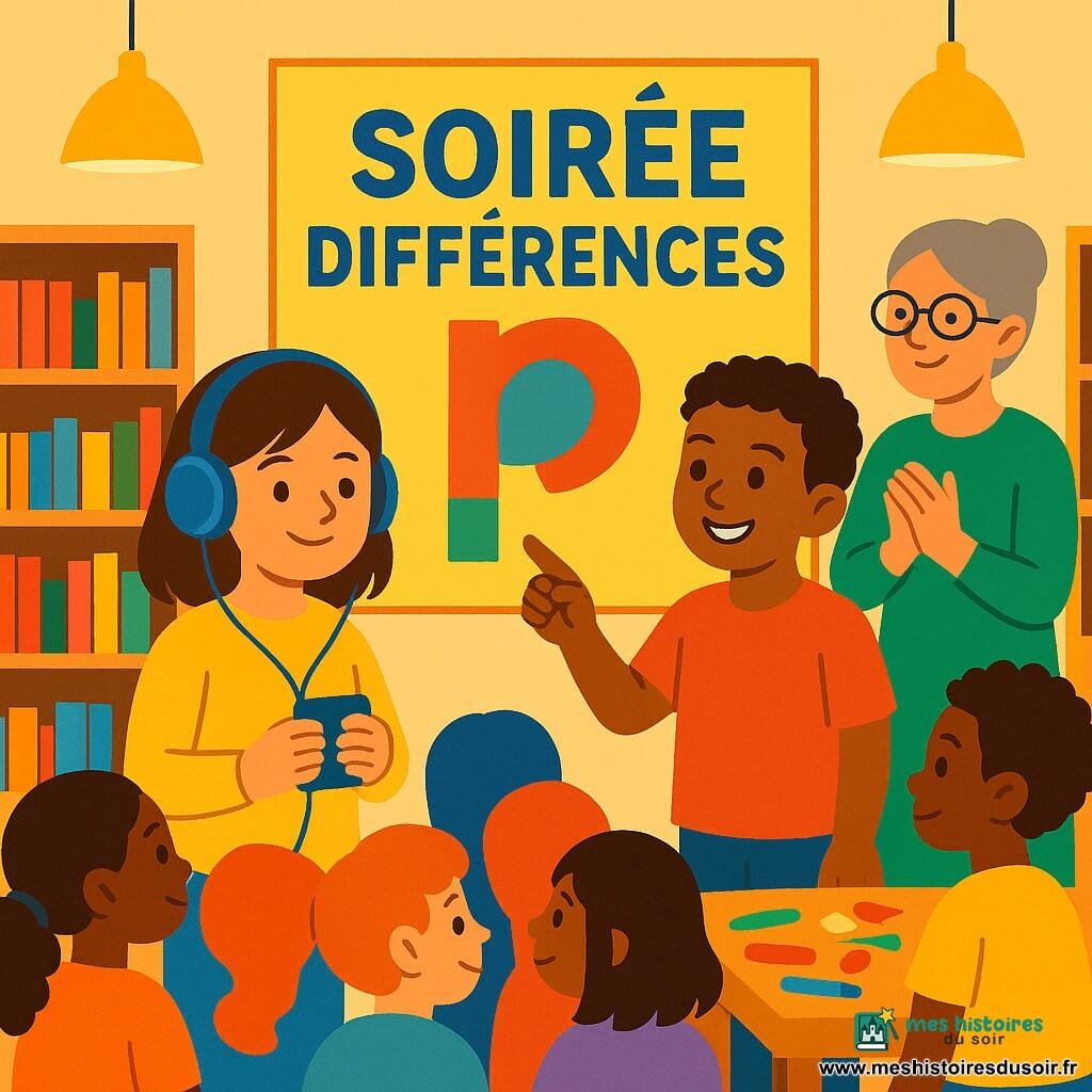 Lina, 8 ans, souriante et timide, casque audio bleu et petit lecteur en main, regard réservé mais confiant ; Anis, garçon d’environ 8 ans, peau hâlée, cheveux courts et bouclés, souriant et montrant du doigt un panneau coloré, t‑shirt rouge vif, l’encourage ; la bibliothécaire d’environ 50 ans, lunettes, cheveux gris en chignon, robe verte, applaudit près d’une table ; plusieurs enfants aux peaux et coiffures variées, assis ou debout en vêtements colorés, observent ; lieu : bibliothèque chaleureuse en bois clair, étagères triées par couleur, lampes à abat‑jour jaunes, affiches au mur, grande table avec feutres et autocollants ; situation : présentation pour la « Soirée des différences » — Lina diffuse un extrait audio pour expliquer qu’elle apprend en écoutant tandis qu’Anis montre un panneau décoré avec un « p » volontairement de travers ; ambiance douce, bienveillante et festive, couleurs plates, formes simples, composition centrée.