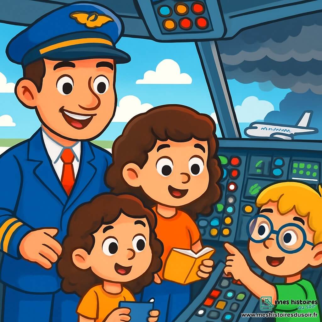 Un homme, Capitaine Hugo, est debout dans le cockpit d'un grand avion, souriant avec confiance. Il porte un uniforme bleu et une casquette de pilote. À ses côtés, Zoé, 8 ans, aux cheveux bouclés, observe les instruments de vol avec un carnet en main, tandis que Sami, 7 ans, aux lunettes rondes et cheveux blonds, pointe un écran de contrôle, fasciné. Le cockpit est rempli de boutons colorés et d'écrans lumineux, offrant une vue sur un ciel bleu avec des nuages. Capitaine Hugo explique aux enfants comment piloter un avion, surveillant des nuages sombres à l'horizon, créant une atmosphère d'excitation.