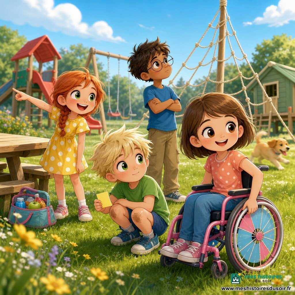 Quatre enfants dans une plaine de jeux ensoleillée : Jade, 9 ans, peau claire, cheveux bruns courts, en fauteuil roulant rose et bleu au premier plan à droite, souriante, main sur la roue ; Tom, 10 ans, cheveux blonds en bataille, t-shirt vert, genoux légèrement sales, accroupi centre-gauche, tenant un post-it jaune ; Lila, 8 ans, cheveux roux en tresse, robe jaune à pois blancs, debout à gauche, riant et pointant vers la table de pique-nique avec son sac à goûter ouvert ; Sam, 10 ans, peau mate, lunettes rondes, t-shirt bleu et pantalon kaki, debout derrière Tom, bras croisés, regardant le filet d’escalade. Grande aire de jeux avec pelouse verte, toboggan rouge, balançoires en bois, grand filet d’escalade beige et petite cabane verte en arrière-plan, table de pique-nique au centre avec un sac à goûter, quelques fleurs sauvages jaunes et un chien courant flouté. Les enfants font une chasse au trésor en examinant des indices (post-its jaunes) autour de la table et du filet, expressions d’excitation et de concentration, atmosphère lumineuse aux couleurs saturées et ombres douces, composition diagonale focalisée sur le post-it de Tom, style chibi kawaii aux proportions rondes et palette pastel vive.