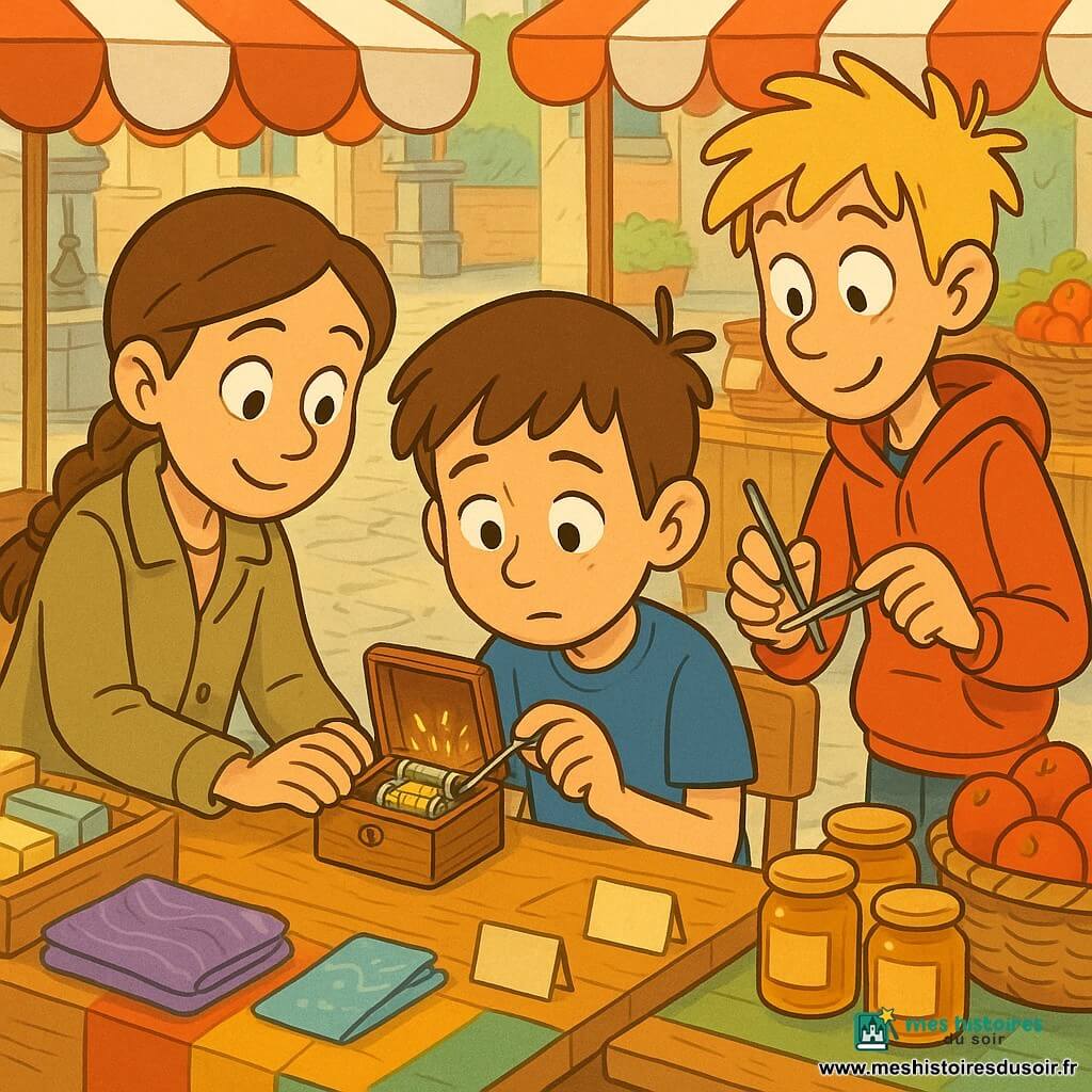 Trois enfants de 12 ans réunis autour d'une table sur un marché matinal : Noé, châtain aux traits timides, en t‑shirt bleu, tient une petite boîte à musique en bois ouverte montrant des engrenages brillants; à sa gauche Inès, brune en tresse et veste kaki claire, stabilise délicatement la boîte; à sa droite Jules, grand et blond en sweat rouge, tient un mini tournevis et une pince à épiler pour retirer un fil coincé; étals en bois et parasols rayés, paniers de pommes et pots de miel en arrière‑plan, pavés légèrement mouillés près d'une fontaine, lumière chaude et ambiance tendre et concentrée.