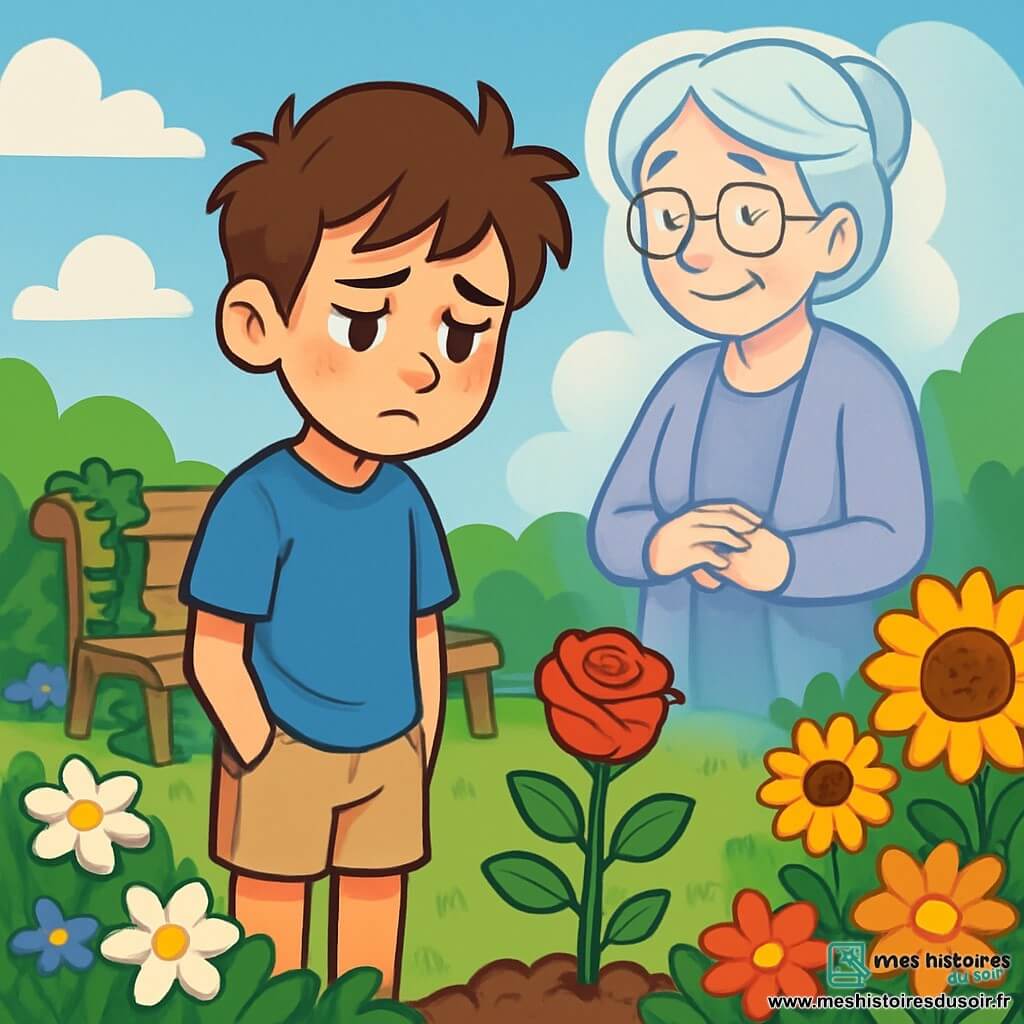 Lucas, un garçon de 12 ans aux cheveux bruns en bataille et aux yeux tristes, se tient dans un jardin fleuri, portant un t-shirt bleu et un short beige, les mains dans les poches, regardant une rose rouge qu'il vient de planter. Sa grand-mère, Mamy Rose, une femme âgée aux cheveux argentés et au sourire doux, l'observe tendrement. Le jardin est rempli de fleurs colorées sous un ciel bleu clair. Lucas, avec une expression mélancolique mais déterminée, se souvient des moments passés avec sa grand-mère, ressentant la douleur de sa perte et la chaleur de son amour.