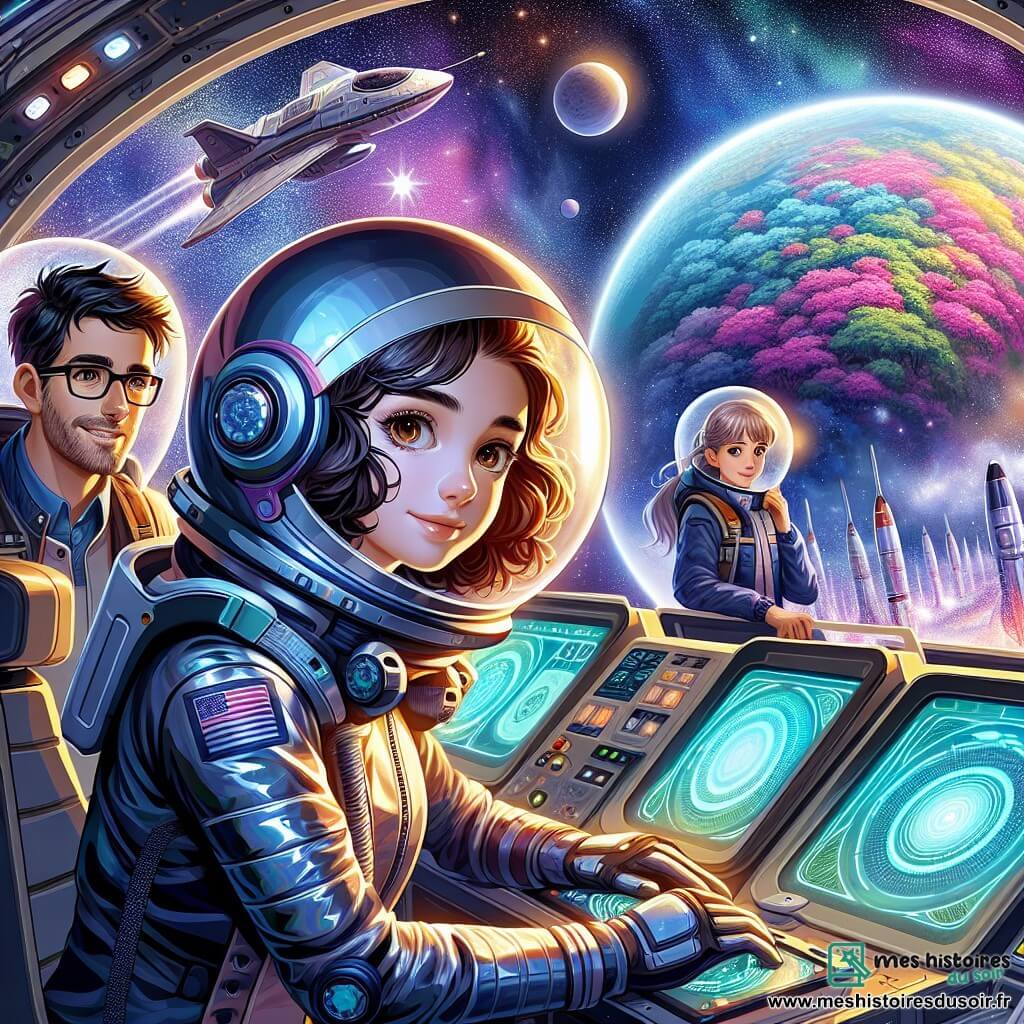 Lila, astronaute aux cheveux bruns et bouclés, porte une combinaison spatiale brillante. Son visage exprime émerveillement et détermination en observant une planète colorée à travers le hublot. À ses côtés, Max, 25 ans, avec des lunettes et des cheveux noirs en bataille, est concentré sur un écran, souriant, tandis qu'Elara, 23 ans, aux cheveux blonds et longs, examine des échantillons de sol extraterrestre avec curiosité. Le vaisseau Explorer X flotte dans l'espace, entouré d'étoiles et de nébuleuses. En arrière-plan, la planète Kylara, avec ses montagnes et forêts, apparaît comme un joyau. Lila et son équipe se préparent à descendre sur Kylara, pleins d'excitation et d'anticipation.