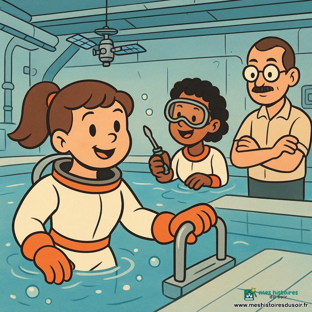 Mina, astronaute en formation au visage rond et queue de cheval, souriante mais concentrée dans une combinaison blanche à bordures orange, flotte dans un grand bassin d’entraînement en tenant une poignée métallique ; derrière elle, Leïla, coéquipière d’environ 28 ans aux cheveux courts bouclés et masque de plongée, lui tend un tournevis flottant, tandis que Paul, instructeur d’environ 45 ans à la moustache fine et lunettes rondes, observe au bord de la piscine les bras croisés ; décor intérieur aux parois blanches et éclairage bleu doux, petite structure métallique suspendue au-dessus de l’eau, bulles remontant à la surface, reflets scintillants sur la combinaison, vagues calmes et textures pastel, ambiance d’entraînement en apesanteur simulée, coopérative et sûre, gestes lents et expressions mêlant émerveillement et sérieux.