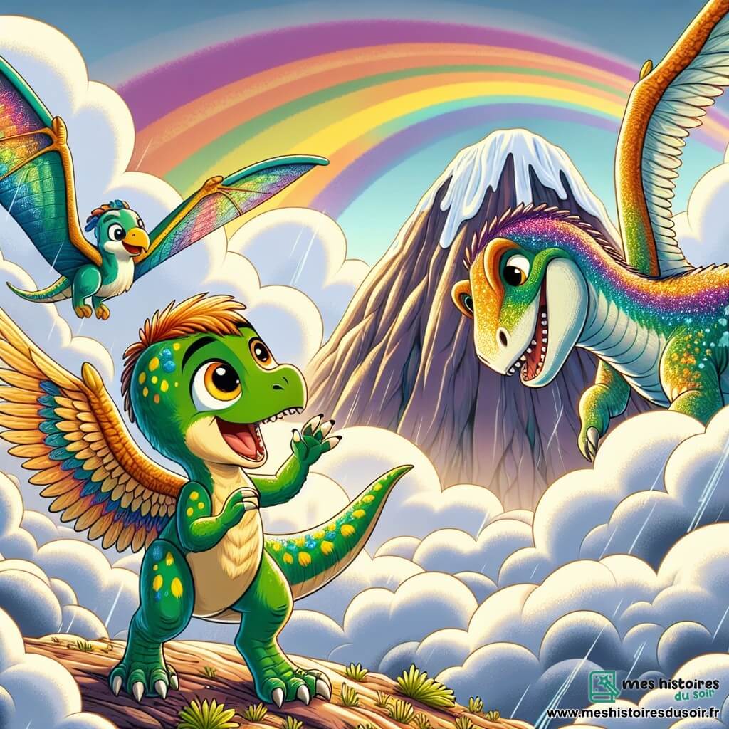 Un vélociraptor nommé Ravi, au plumage vert éclatant et aux touches de jaune, se tient au sommet de la Montagne des Nuages, les yeux brillants d'excitation. Il bat des ailes avec joie, prêt à rencontrer le Titanosaure. À ses côtés, Piko, un ptérodactyle aux grandes ailes colorées et au sourire amical, vole dans les airs, observant Ravi avec fierté. Le paysage est majestueux, avec des nuages moelleux entourant le sommet et un arc-en-ciel brillant après une tempête. Ravi et Piko se trouvent face au Titanosaure, un immense dinosaure aux écailles scintillantes, qui les accueille avec une voix douce, symbolisant l'amitié et le courage.