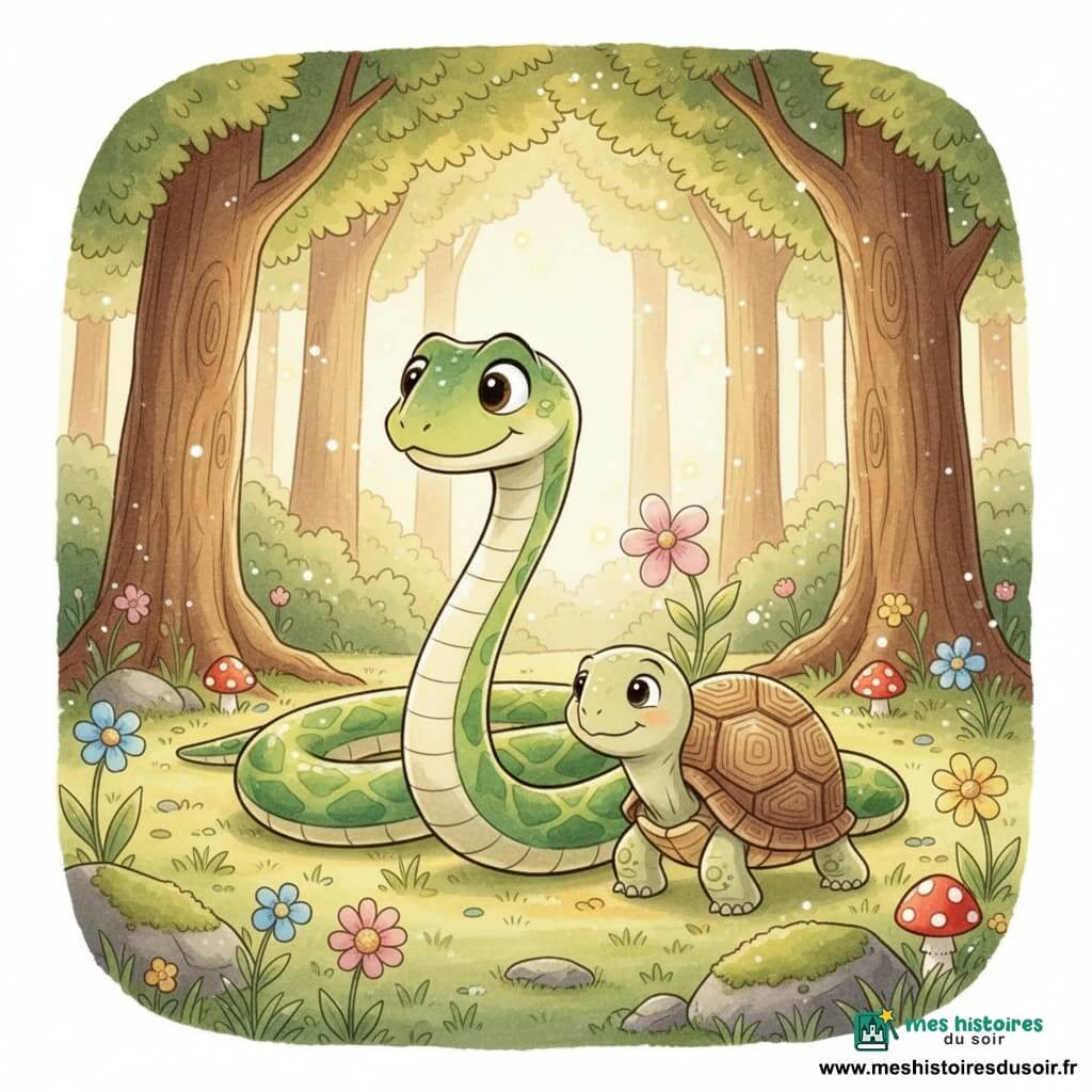 Un long serpent mince aux écailles vertes brillantes et reflets jaunes, au visage joyeux et curieux, ondule doucement à côté de Tilly, une petite tortue à carapace ronde décorée de motifs bruns et beige, sereine et légèrement fière; ils avancent côte à côte dans une clairière baignée d'une lumière douce, rayons dorés filtrant entre de grands arbres, fleurs colorées et petits champignons rouges à pois blancs, le serpent effleurant l'herbe tandis que Tilly pose une patte sur une pierre mousseuse, explorant ensemble et découvrant une fleur brillante.