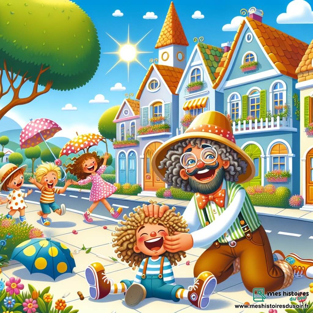 Super-Papou est un homme joyeux avec une cape bleue et un grand sourire. Il chatouille Boulette, un garçon au gros chapeau, allongé sur le sol en riant. Zouzou la Zoubida, avec un parapluie à pois colorés, rit à ses côtés, les bras levés. Pépé Patafix, avec des lunettes rondes, est en retrait, riant tout en essayant de se libérer de ses doigts collés. La scène se déroule dans une rue ensoleillée avec des maisons colorées et des arbres verdoyants, créant une atmosphère de fête et de bonheur.