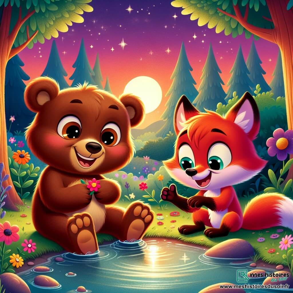 Petit ours Bruno, un ours brun aux grands yeux ronds et au sourire joyeux, est assis près d'un ruisseau scintillant, les pattes dans l'eau, riant avec bonheur. À côté de lui, Léon, le renard rusé au pelage orange vif et à la queue touffue, sourit en jouant avec une jolie fleur rouge, les yeux pétillants d'amitié. Ils se trouvent dans une forêt enchantée, avec de grands arbres, des fleurs colorées sur le sol verdoyant, et un ciel crépusculaire teinté d'orange et de rose, illuminé par des étoiles. Bruno et Léon partagent un moment de complicité au bord du ruisseau, écoutant le doux murmure de l'eau tout en célébrant leur amitié.