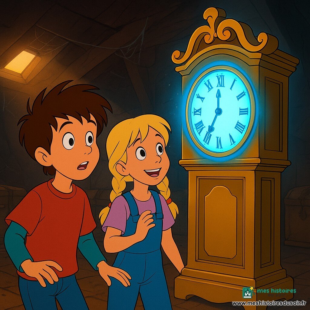 Tom, un garçon de 10 ans aux cheveux bruns ébouriffés et aux yeux curieux, est émerveillé devant une grande horloge dorée qui brille d'une lueur bleue mystérieuse. À ses côtés, Lina, une fille de 10 ans avec des tresses blondes et un sourire enthousiaste, écoute le tic-tac magique. Ils sont dans un grenier poussiéreux, avec des malles anciennes et des toiles d'araignée, éclairés par un rayon de lumière dorée. Tom et Lina découvrent l'horloge magique prête à les emmener dans une aventure temporelle.