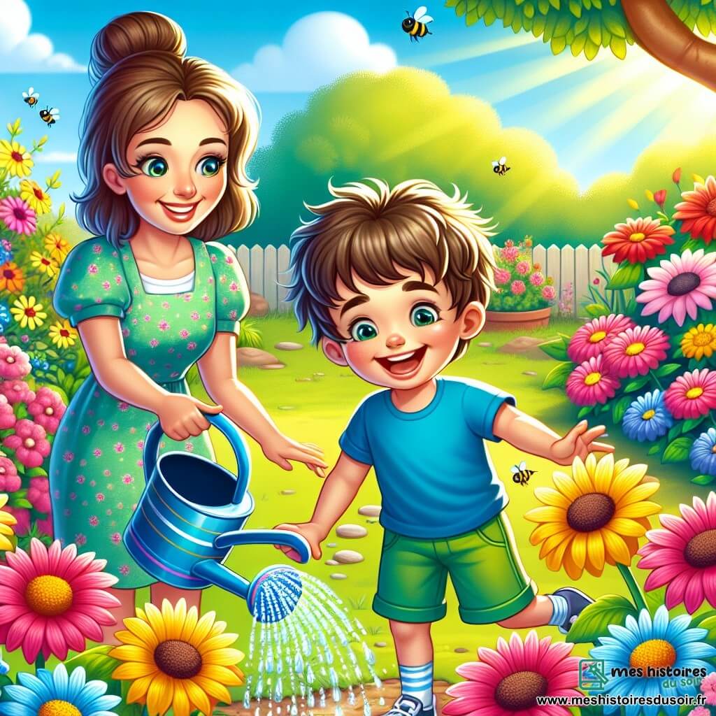 Léo, un petit garçon de 4 ans aux cheveux bruns en bataille et au grand sourire, arrose des fleurs colorées dans un jardin ensoleillé. Il porte un t-shirt bleu et un short vert, tandis que sa maman, une femme d'une trentaine d'années avec des cheveux châtains en chignon, sourit fièrement avec un arrosoir. Le jardin est rempli de fleurs éclatantes et d'abeilles bourdonnantes, avec un sol verdoyant et un arbre majestueux en arrière-plan. Léo verse de l'eau sur les fleurs, créant des gouttes scintillantes au soleil, partageant un moment de bonheur et de connexion avec la nature tout en apprenant à prendre soin de son jardin.