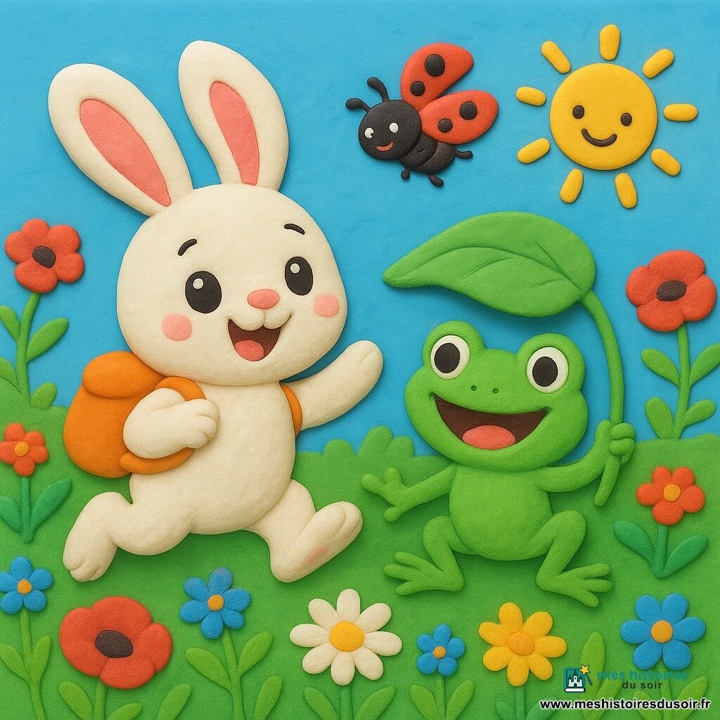 Un petit lapin blanc aux oreilles roses et sac à dos orange saute joyeusement à côté d'une grenouille verte qui tient une feuille en chapeau ; une coccinelle rouge à pois vole au-dessus d'eux tandis qu'ils admirent, complices et heureux, un vaste champ multicolore de fleurs (coquelicots, marguerites, bleuets) sous un ciel bleu avec un soleil souriant en pâte à modeler, textures visibles et ombres douces.