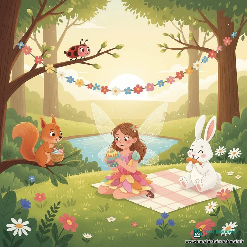 Lila, petite fée aux ailes irisées en robe de pétales roses tenant un œuf peint, est entourée de ses amis : Tom, écureuil roux perché à gauche avec un panier d’œufs, Mia, coccinelle rouge à pois noirs posée sur une feuille aidant à attacher une guirlande, et Hugo, lapin blanc aux longues oreilles croquant une carotte près d’une nappe de pique-nique à droite ; la scène, une clairière printanière aux mousses et fleurs multicolores, guirlandes suspendues, petite rivière scintillante et arbres en bourgeons, montre une fête de printemps et une chasse aux œufs, ambiance joyeuse aux couleurs vives et pastels, lumière dorée, style vectoriel plat aux traits nets, ombrages doux et textures simples.