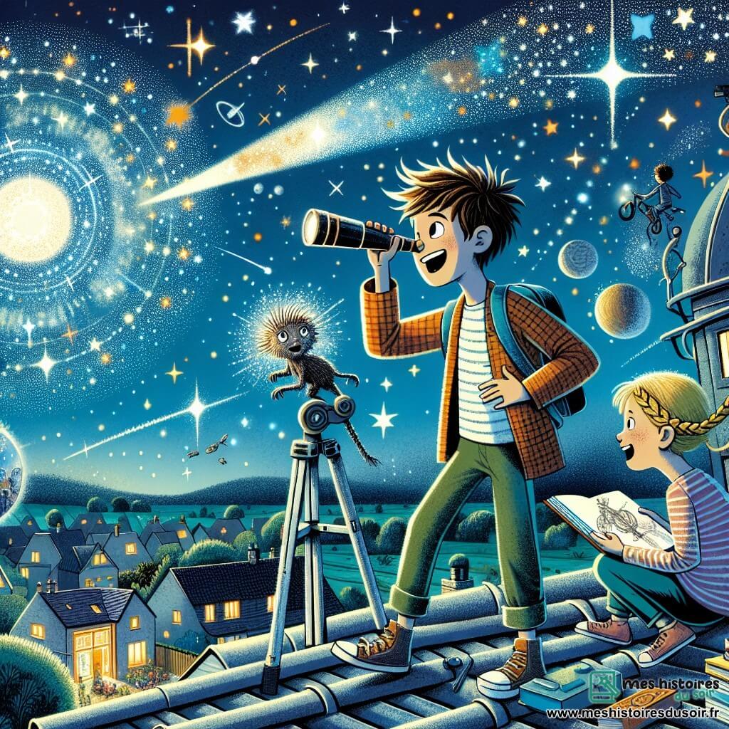Lucas, 12 ans, aux cheveux bruns en bataille et aux yeux curieux, est sur le toit de sa maison avec un télescope, émerveillé par les constellations. À ses côtés, Clara, 11 ans, aux cheveux blonds tressés, observe également le ciel avec fascination, prête à dessiner. Le ciel est illuminé par un vaisseau spatial au-dessus d'eux, d'où émerge Zin, un extraterrestre amical, qui les invite à participer à une mission intergalactique. Le vaisseau coloré contraste avec la ville paisible en dessous.