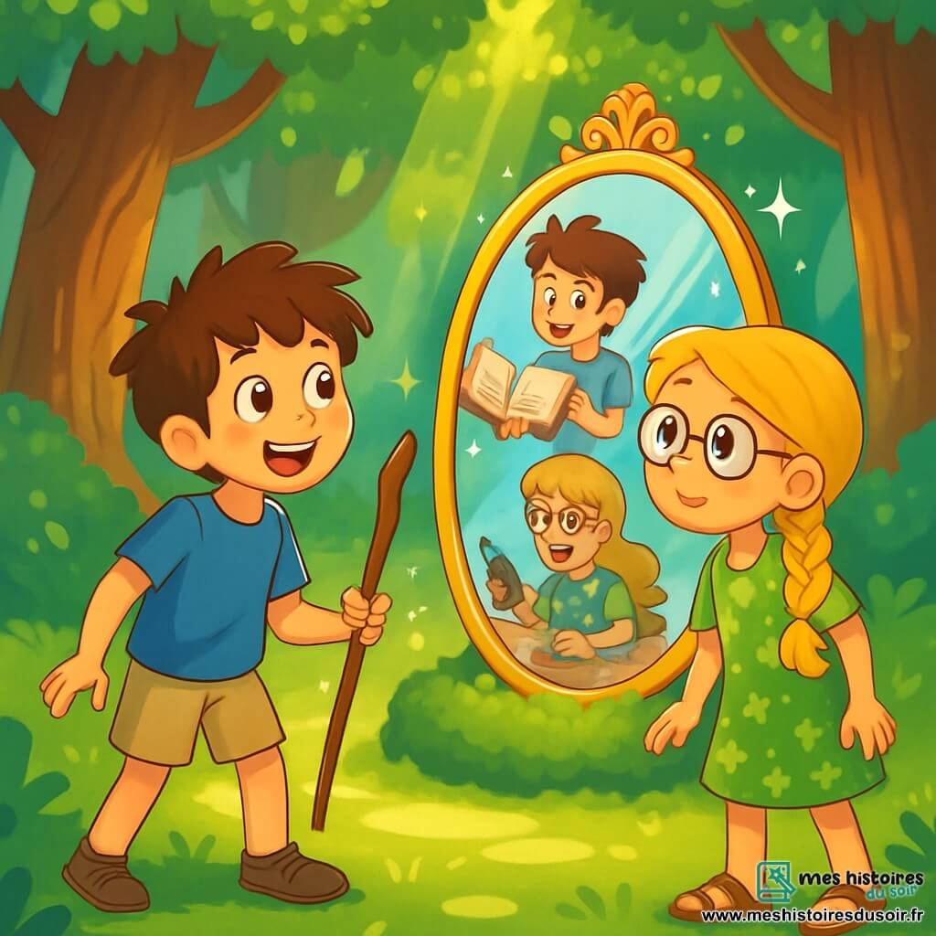 Deux personnages principaux se distinguent : Lucas, un garçon de 10 ans aux cheveux bruns en bataille et aux yeux curieux, portant un t-shirt bleu et un short beige, tient un bâton comme un sceptre magique et regarde avec émerveillement un miroir. À ses côtés, Clara, une fille de 9 ans aux cheveux blonds tressés et portant des lunettes rondes, est vêtue d'une robe verte à fleurs et fixe le miroir avec détermination. L'action se déroule dans la Forêt des Réflexions, où des arbres majestueux et des feuilles brillantes créent une atmosphère magique autour d'un grand miroir scintillant posé sur de la mousse. Lucas et Clara découvrent le Miroir des Vérités, révélant leurs talents cachés : Lucas voit son avenir de conteur, tandis que Clara entrevoit son potentiel d'inventrice, leurs visages exprimant émerveillement et curiosité.