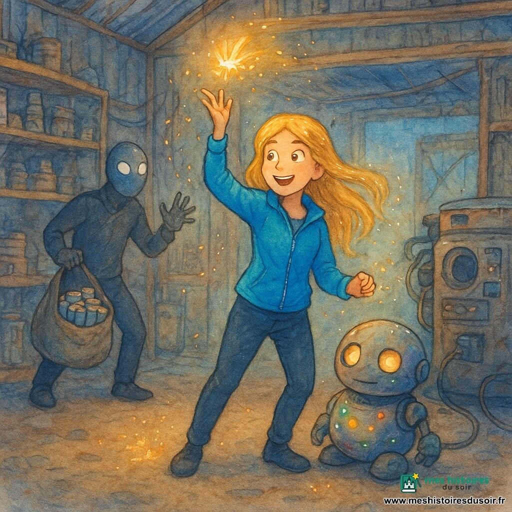 Électra, une jeune femme d’environ 20 ans, joyeuse et déterminée, cheveux longs dorés, veste bleu électrique et pantalon sombre, lève la main et fait jaillir des étincelles dorées qui dansent autour d’elle; à sa droite, Spark, petit robot rond et cabossé aux lumières multicolores, se branche à une grosse machine pour recharger des batteries; à gauche, un homme masqué, silhouette mince, recule surpris vers l’arrière du vieux hangar en bois et métal, tenant un sac ouvert rempli de piles; le hangar a une porte entrouverte, étagères de gadgets et piles, lumières clignotantes, fils entremêlés, sol poussiéreux avec traces de pas et petites étincelles; scène d’action douce où Électra distrait l’homme pendant que Spark reconnecte les batteries, ambiance chaude ponctuée de bleus électriques, style aquarelle avec rehauts blancs.