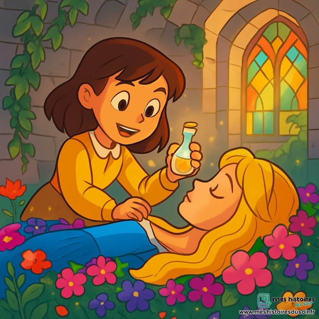 La Belle au Bois Dormant, une jeune fille d'environ 18 ans, est allongée sur un lit de fleurs éclatantes, entourée de pétales roses et violets. Ses longs cheveux dorés tombent sur l'oreiller, et son expression est paisible. À ses côtés, Bella, une fille d'environ 12 ans aux cheveux bruns, est penchée sur elle avec détermination, tenant une fiole de potion brillante pour réveiller Aurore. Le cadre est un ancien château avec des murs en pierre et des fenêtres en vitrail, éclairé par un jardin luxuriant. Bella s'apprête à verser la potion sur Aurore, tandis que la magie enveloppe la scène d'une lueur douce, symbolisant le réveil de la nature et de l'espoir.