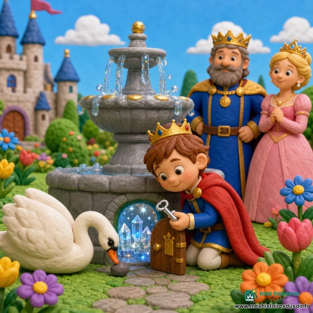 Petit prince de 6 ans au visage rond et joues roses, cheveux châtains courts, cape rouge, agenouillé devant une grande fontaine en pierre grise en tenant une petite clé d'argent brillante ; à gauche, un grand cygne blanc au bec orange pousse délicatement un caillou ; à l'arrière‑plan à droite, le roi d'environ 45 ans à barbe grise et costume bleu roi avec cape dorée regarde la scène avec fierté, la reine d'environ 35 ans aux cheveux blonds en chignon et robe rose pâle se tient près de lui en souriant ; jardin royal avec grosses fleurs colorées façon pâte à modeler, pelouse verte texturée, petits buissons ronds ; la fontaine présente une eau stylisée translucide en gouttes brillantes et reflets dorés, et une petite porte ronde ouverte à sa base révélant une salle cristalline scintillante ; scène calme et joyeuse, couleurs vives, formes simples, éclairage doux, composition centrée sur le prince et la clé.