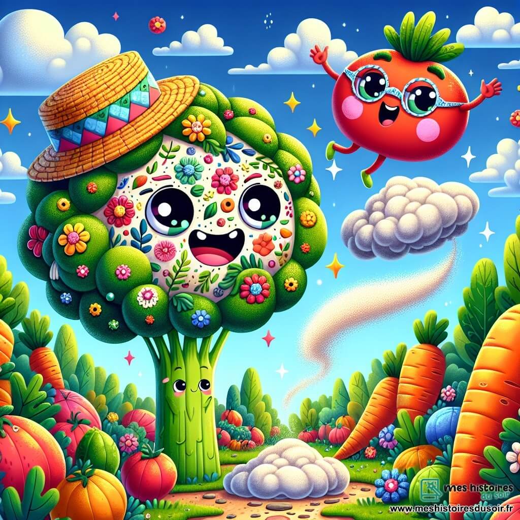 Au centre de l'image, un chapeau coloré nommé Chapi flotte joyeusement. Il est rond, avec des motifs de fleurs et un grand sourire. À côté, un brocoli sérieux, portant des lunettes, tente d'attraper un nuage de farine. Une tomate rouge, avec un chapeau de paille, rit en dansant sur une carotte géante. Le décor est un jardin magique avec des légumes géants et des fleurs multicolores, sous un ciel bleu. Chapi essaie de faire apparaître des ingrédients pour un gâteau aux légumes, tandis que le brocoli et la tomate l'encouragent, créant une atmosphère joyeuse.