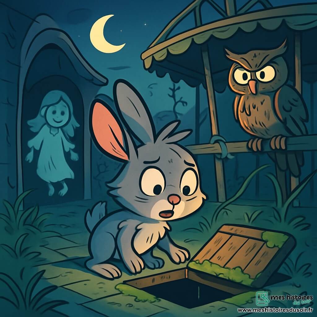 Un petit lapin gris nommé Élios se tient au centre de l'image, curieux et légèrement effrayé. Ses grandes oreilles sont dressées, et son pelage est ébouriffé par le vent. Il regarde une trappe en bois usée, recouverte de mousse. À sa droite, un vieux hibou aux plumes ébouriffées l'observe d'un air sage, perché sur une poutre. À gauche, une silhouette floue d'un enfant fantomatique sourit, se tenant à l'entrée d'un couloir sombre. Le lieu est un vieux parc d'attraction abandonné, avec des manèges rouillés et des ronces. La lune éclaire faiblement la scène. Élios hésite devant la trappe, prêt à descendre dans un monde mystérieux, tandis que le hibou et le fantôme l'observent.