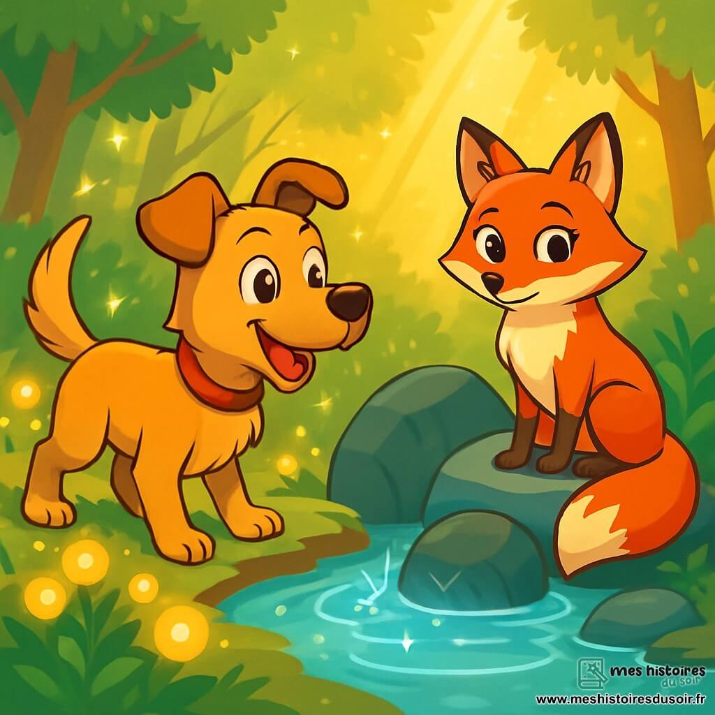 Un chien caramel nommé Malto, aux yeux curieux, se tient au bord d'une source scintillante, prêt à explorer. À ses côtés, Minette-la-Renarde, une renarde au pelage roux, l'observe avec intérêt, assise sur une pierre. Ils se trouvent dans le Bois des Étoiles, un lieu enchanteur où des fleurs lumineuses s'épanouissent dans la brume dorée du matin. La source d'Opale, habituellement chantante, est silencieuse, bloquée par une pierre mystérieuse. Malto et Minette sont déterminés à résoudre le mystère de la source muette, affichant curiosité et enthousiasme.