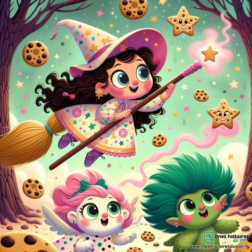 Au centre de l'image, une petite fille de 6 ans, Lili, avec de longs cheveux bouclés et un grand chapeau pointu, sourit émerveillée. Elle porte une robe colorée ornée d'étoiles et tient une baguette magique entourée d'un nuage de fumée rose. À ses côtés, Bob, un troll aux cheveux verts, rit en essayant d'attraper un biscuit farceur. Mina, une licorne à pois roses, court après un biscuit en forme d'étoile. En arrière-plan, la forêt des biscuits farceurs s'étend, avec des arbres en chocolat et des branches chargées de biscuits colorés. La scène est joyeuse et magique, illustrant le moment où Lili tente de faire voler son balai, provoquant un tourbillon de biscuits.