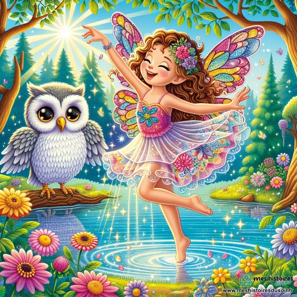 Lila, une petite fée aux ailes colorées, danse gracieusement au bord d'un lac scintillant, son visage rayonnant de joie. Ses cheveux bouclés flottent autour d'elle et sa robe légère est ornée de motifs floraux. À proximité, Maestro, un vieux hibou sage, l'observe avec admiration depuis une branche, prêt à lui donner des conseils. Le décor enchanteur est composé de fleurs multicolores et de rayons de soleil filtrant à travers les feuilles, créant un jeu de lumière sur l'eau. Lila s'entraîne à exécuter des mouvements de danse complexes, entourée d'éclats de lumière et de couleurs vibrantes, symbolisant la magie de sa passion pour la danse.