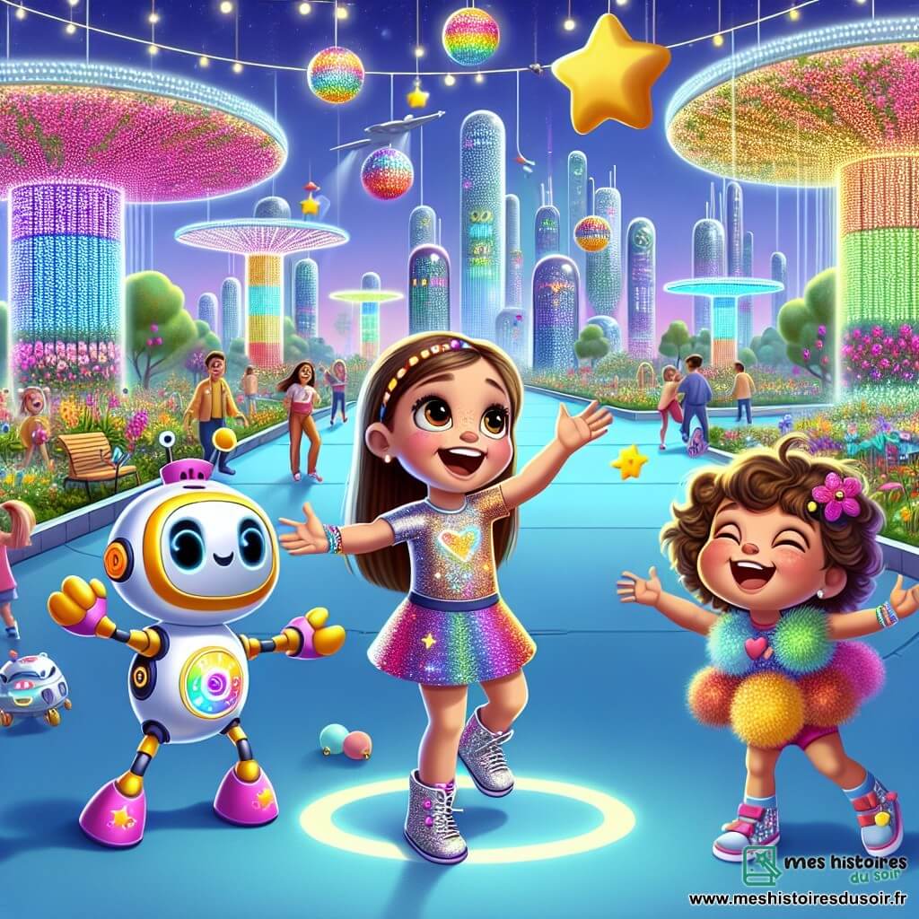 Lila, une petite fille de quatre ans aux cheveux bruns, danse joyeusement au centre de l'image, encouragée par Zippy, un robot coloré à sa droite. À gauche, Mia, une fillette de cinq ans aux cheveux bouclés, rit en lançant un ballon en forme d'étoile. Le décor est un parc futuriste de NovaVille avec des jardins suspendus, des fleurs multicolores chantantes, des bâtiments scintillants et des drones apportant des ballons. Lila, Zippy et Mia jouent ensemble, créant une ambiance joyeuse et magique.