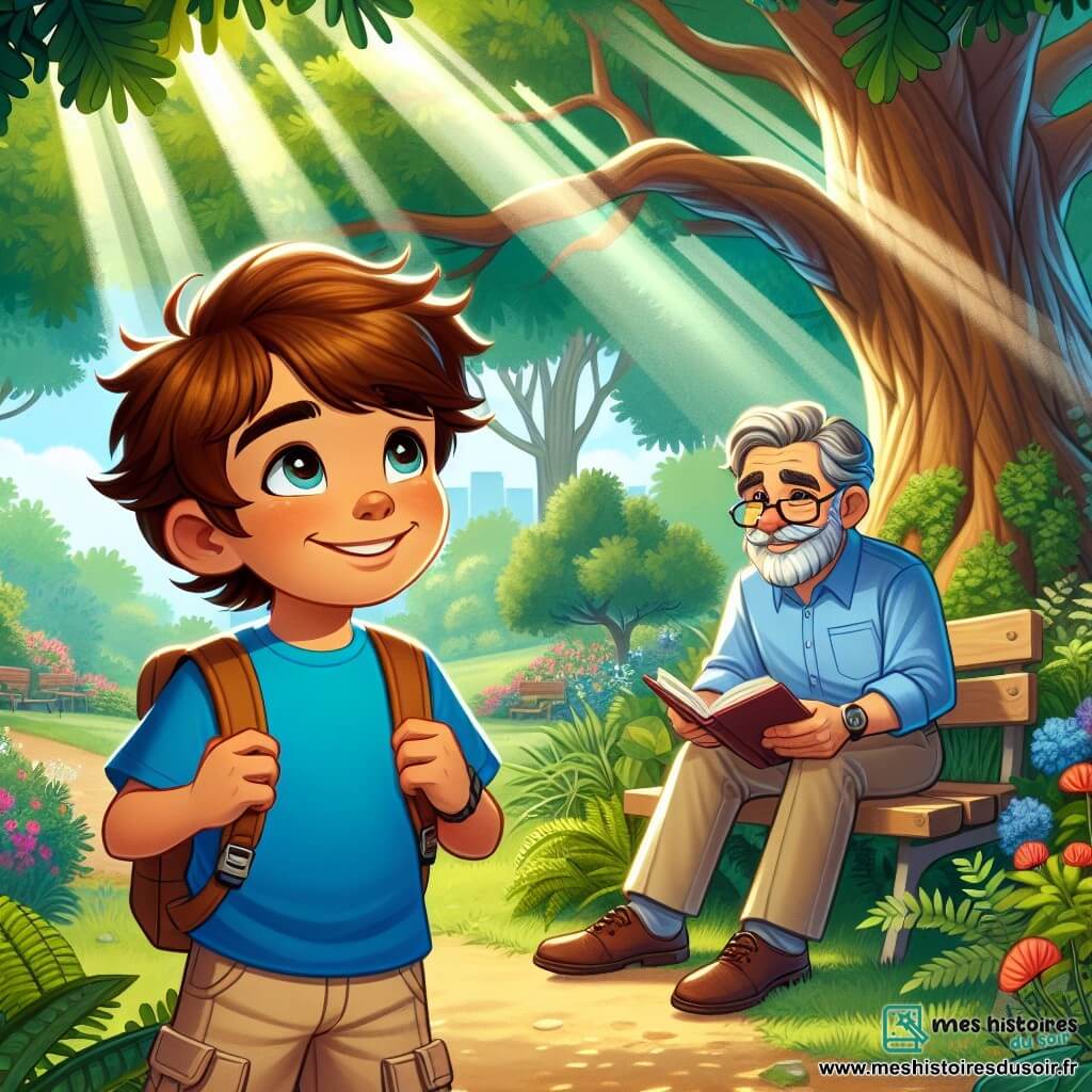 Lucas, un garçon de 12 ans aux cheveux châtains et aux yeux pétillants, se tient sous un grand chêne, son visage rayonnant de curiosité. Il porte un t-shirt bleu vif et un short beige, avec un sac à dos rempli de crayons et d'un carnet à dessin. À côté de lui, Monsieur Bernard, un homme d'environ 50 ans aux cheveux grisonnants et à la barbe soignée, est assis sur un banc, feuilletant un livre et souriant à Lucas. Le parc est verdoyant, avec des arbres majestueux et des fleurs colorées. Lucas, les yeux brillants, parle avec enthousiasme à Monsieur Bernard sur les histoires des arbres, tandis qu'un petit écureuil les observe depuis une branche.