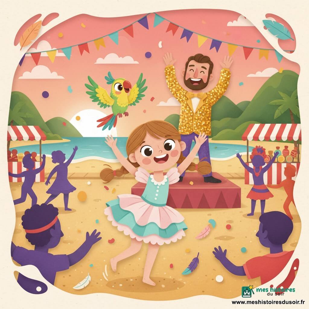 Luna, une fillette de 6 ans aux cheveux châtain clair en couettes et aux yeux brillants, danse pieds nus sur le sable en levant les bras, vêtue d’une robe à volants pastel (rose pâle et turquoise); sur son épaule droite, Pipo le perroquet vert et jaune avec une pointe rouge sur la queue bat des ailes en la encourageant; en arrière-plan, un homme d’une trentaine d’années, organisateur du carnaval en costume coloré à paillettes dorées, applaudit près d’une estrade; la scène se déroule sur une grande place en bord de plage à Rio au coucher du soleil rose-orangé, avec montagnes au loin, guirlandes, stands de confiseries rayés et danseurs colorés, confettis et plumes tourbillonnant dans une ambiance joyeuse et festive axée sur les mouvements ronds et les couleurs vives.