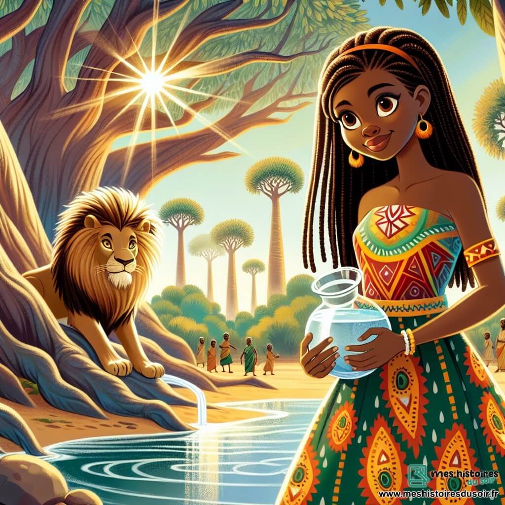 Amina, une jeune femme d'environ 20 ans, se tient au bord d'une rivière scintillante, son visage rayonnant de détermination. Elle a de longs cheveux noirs tressés, une peau brune, et porte une robe colorée avec des motifs africains. Dans ses mains, elle tient une gourde d'eau précieuse, symbole de sa quête réussie. À ses côtés, un lion majestueux, sage et imposant, l'observe avec bienveillance. En arrière-plan, la forêt de Baobab s'étend, créant une atmosphère mystique. Amina, pleine de joie, partage l'eau avec les habitants de son village, tandis que le lion veille sur elle, symbolisant la force et la sagesse de la nature.
