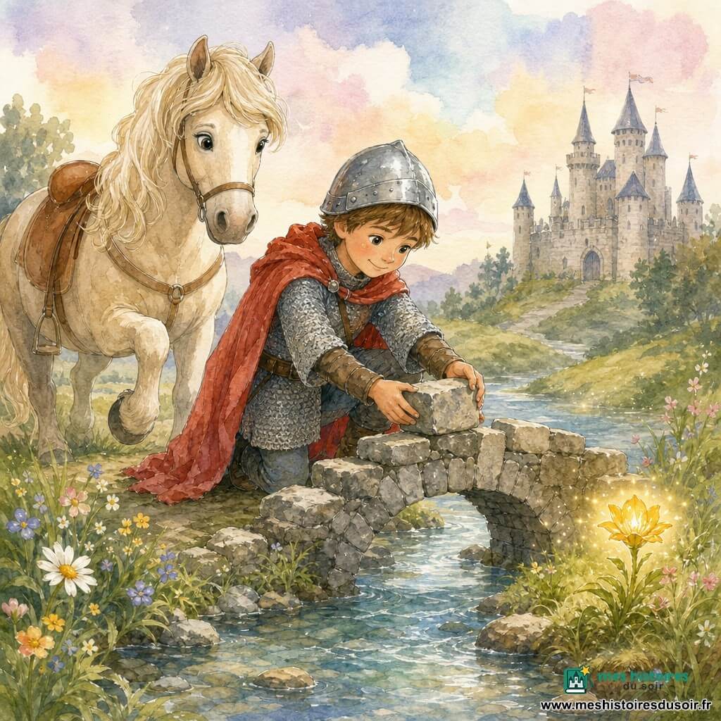 Hugo, garçon-chevalier d'environ 8 ans, souriant et concentré, porte une cape rouge froissée, un casque légèrement rayé et une cotte de mailles claire; il pose des pierres sur un vieux pont de pierres partiellement effondré au-dessus d'un ruisseau d'eau claire tandis que Biscotte, un cheval crème à la crinière ondulée et aux grands yeux tendres, le suit lentement, une patte levée; une petite fleur magique dorée pousse près de la rive droite; en arrière-plan, des berges fleuries, de l'herbe verte et un château gris aux tours lointaines sous un ciel pastel; traversée calme et prudente, lumière douce et atmosphère sereine.