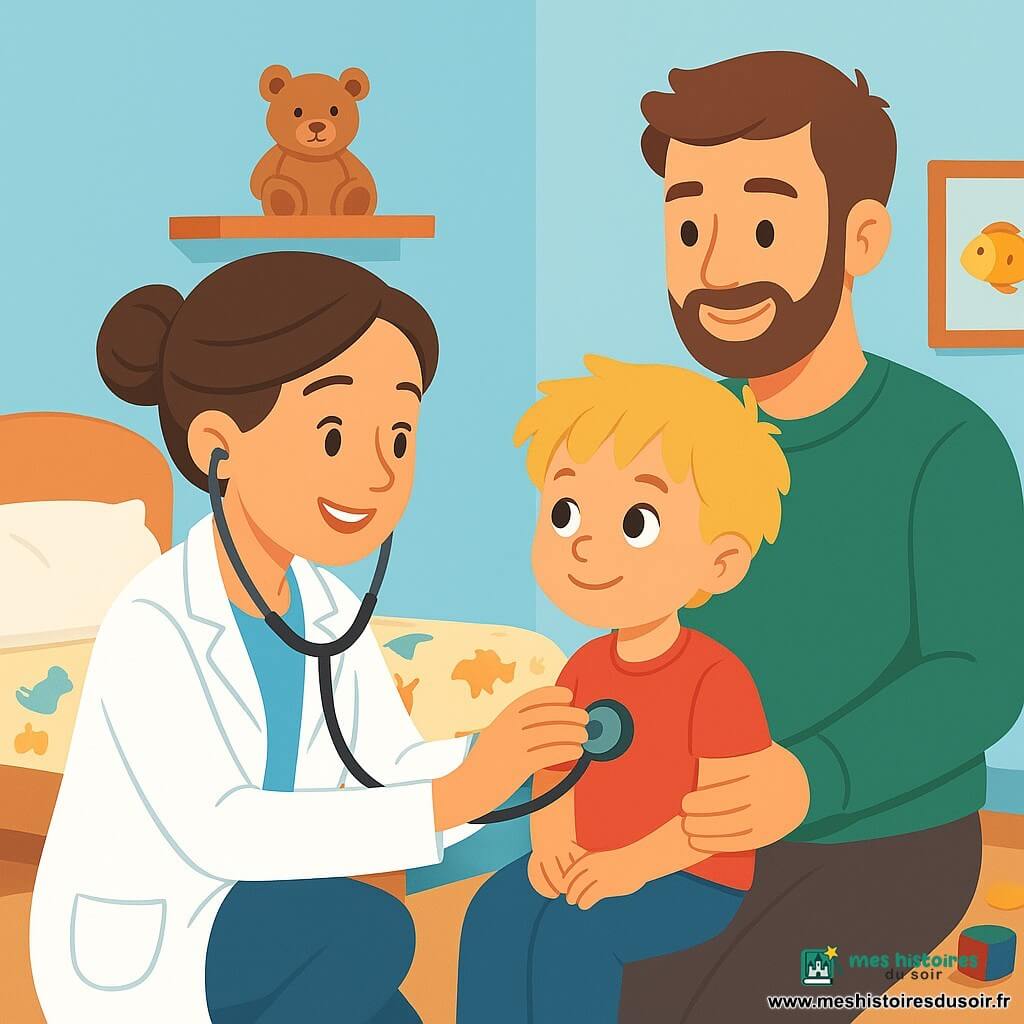 Une médecin, Docteure Lila, souriante et bienveillante, avec des cheveux bruns en chignon, porte une blouse blanche et un stéthoscope. Elle est accroupie près de Noé, un petit garçon de 5 ans aux cheveux blonds en bataille, qui la regarde avec curiosité. Noé est dans les bras de son père, un homme d'une trentaine d'années avec une barbe légère et un sourire apaisant. La scène se déroule dans une chambre chaleureuse aux murs bleu clair, avec des jouets colorés au sol et un lit douillet. Docteure Lila écoute le cœur de Noé avec son stéthoscope tout en lui expliquant doucement son geste, créant une atmosphère de confiance.