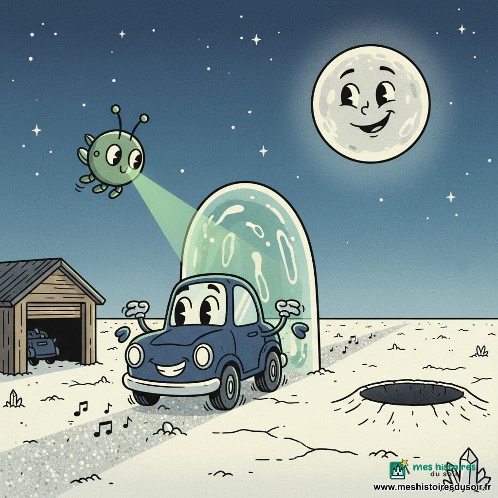 Piston, une petite voiture anthropomorphe bleu nuit au large sourire, sort d’un garage en bois sur une plaine de sel blanche sous un ciel étoilé et une grande lune argentée; à sa gauche vole une balise-luciole mécanique verte qui émet un faisceau, devant lui une traînée de poussière argentée scintillante aux notes musicales mène vers un cratère sombre à droite, et un portail d’air translucide vert menthe ondule devant lui — Piston hésite mais prêt à répondre au signal de la Ville-Étoile.