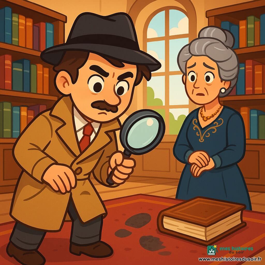 Un détective, Léo, est au centre de l'image, avec un regard déterminé. Il porte un trench-coat beige, un chapeau noir et examine une empreinte de pas dans la poussière avec une loupe. À côté de lui, la comtesse de Clairbois, une femme d'une cinquantaine d'années, exprime de l'inquiétude. Elle est vêtue d'une robe de velours bleu et observe Léo avec espoir. Le décor est une bibliothèque ancienne avec des étagères remplies de livres, des fenêtres laissant entrer la lumière et un tapis rouge au sol. Léo découvre une empreinte près d'un livre ancien, tandis que la comtesse attend des nouvelles sur un collier disparu. L'image évoque mystère et aventure.