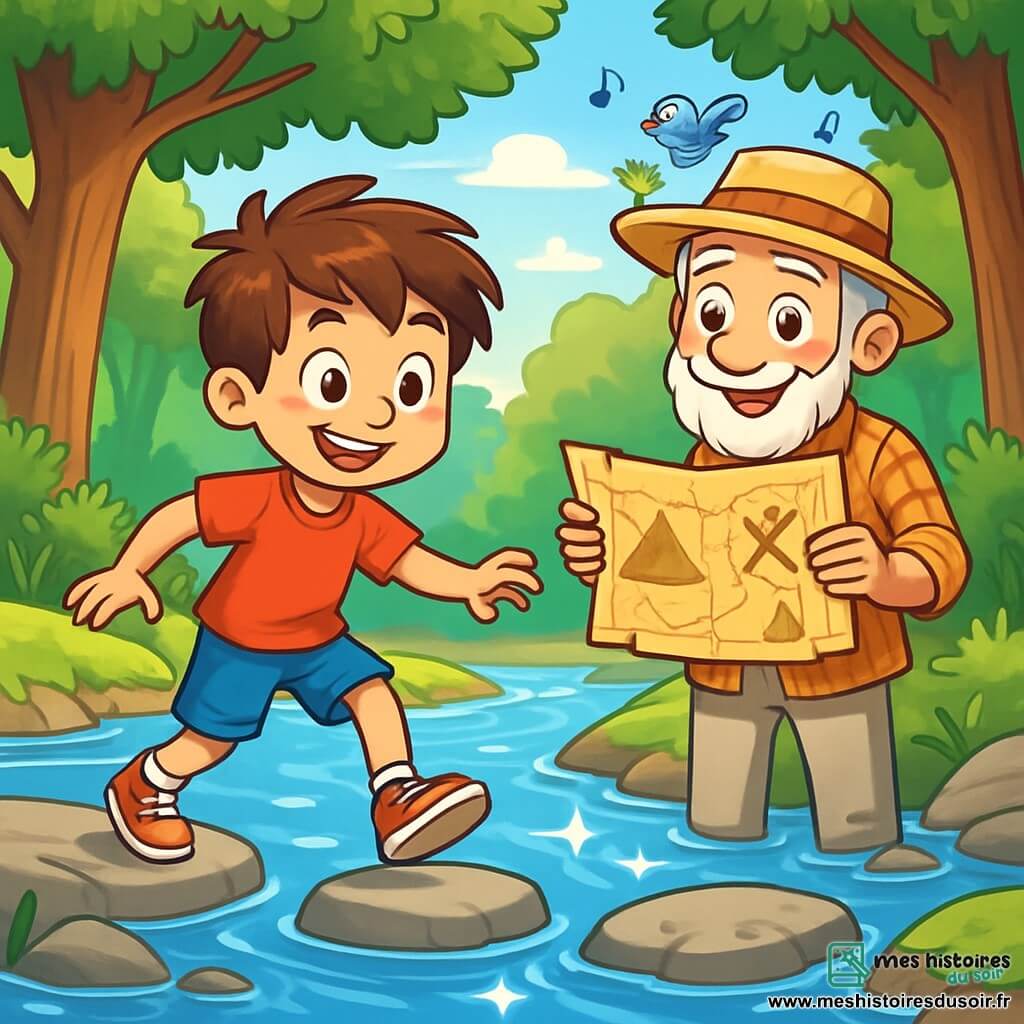 Un garçon de 10 ans, Max, aux cheveux bruns en bataille et aux yeux curieux, se tient sur une pierre au bord d'une rivière scintillante. Il porte un t-shirt rouge et des baskets usées, son visage exprimant excitation et détermination. À ses côtés, un vieil homme aux cheveux gris, portant un chapeau de paille et une chemise à carreaux, examine attentivement une carte ancienne avec un sourire malicieux. La scène se déroule au bord de la Rivière des Réflexions, où l'eau claire reflète le ciel bleu et les arbres majestueux. Des rayons de soleil percent à travers les feuilles, illuminant l'eau. Max, concentré, s'apprête à sauter de pierre en pierre pour résoudre une énigme menant à un trésor caché, tandis que des oiseaux chantent dans les branches.