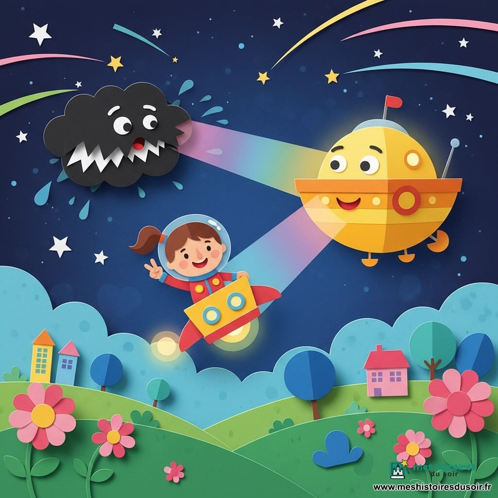 Lila, femme pilote souriante et courageuse au visage rond et queue de cheval, en combinaison spatiale rouge et jaune, pilote un vaisseau lumineux en faisant un geste de victoire ; un grand vaisseau ami nommé Soleil, coque arrondie jaune et orange aux yeux lumineux, envoie des faisceaux multicolores vers un nuage noir en forme de monstre aux bords déchiquetés et yeux surpris qui recule ; en bas, une planète joyeuse avec collines vertes, fleurs roses surdimensionnées, arbres ronds bleus et petites maisons colorées ; ciel étoilé profond avec traînées de lumière pastel ; scène lumineuse à forts contrastes, formes simples et contours épais style papier découpé.