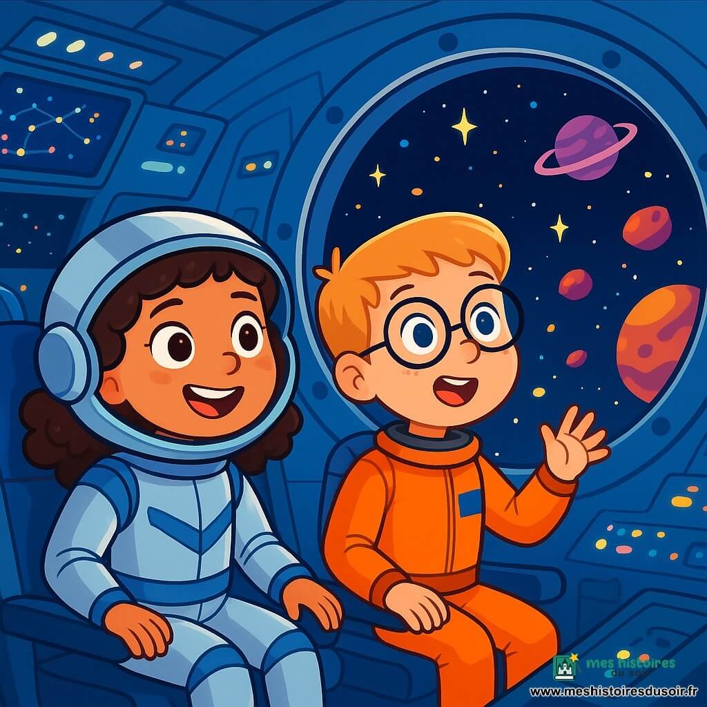 Lila, une fille de dix ans aux cheveux bruns bouclés et aux yeux curieux, porte une combinaison d'astronaute argentée et bleue. Elle sourit en regardant les étoiles à travers le hublot de la navette spatiale. À côté d'elle, Eliot, un garçon blond avec des lunettes rondes, porte une combinaison orange et observe également l'espace avec excitation. La scène se déroule dans une navette spatiale moderne, avec des sièges, des écrans affichant des cartes des étoiles et des lumières clignotantes. Les murs sont décorés de panneaux technologiques, et un grand hublot offre une vue spectaculaire sur l'espace, rempli d'astéroïdes et de planètes colorées. Lila et Eliot vivent une aventure incroyable en traversant une ceinture d'astéroïdes scintillants.