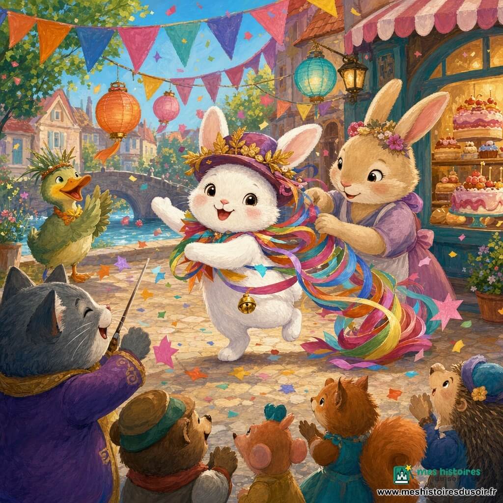 Lila, une petite lapine blanche joyeuse au chapeau orné de feuilles et à la traîne de rubans multicolores terminée par des plumes et un grelot, tourbillonne et danse au centre de la place pavée du village, Maman Lapine, beige et souriante, ajuste un ruban juste derrière et à droite d'elle, Canardou, un canard jaune‑vert coiffé d'une mini couronne de roseaux, admire la scène depuis le bord d'une rivière au fond à gauche, la grande chef chatte grise en veste violette dirige l'orchestre à gauche en avant‑plan pendant que les autres animaux applaudissent, des fanions et lanternes pendent au‑dessus, une vitrine de boulangerie pailletée se voit à droite et des confettis en forme d'étoiles flottent dans l'air tandis que le grelot tinte "ding‑ding".