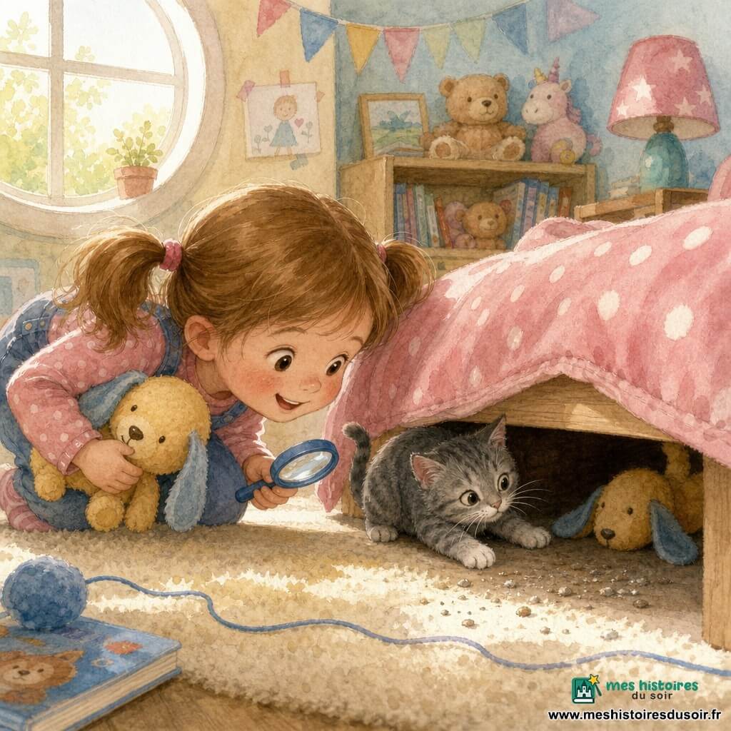 Fille de 4 ans au visage rond et joues rosées, cheveux châtain clair en couettes, accroupie sous un lit bas en train de récupérer son doudou jaune à oreille bleue avec une petite loupe plastique à la main, sourire curieux et expression fière ; un chat gris tigré gratte sous le lit en la regardant, queue relevée ; chambre chaleureuse et colorée avec couverture rose à pois blancs, tapis crème, étagère en bois clair et fenêtre ronde laissant entrer une douce lumière matinale, scène intime et tendre avec quelques miettes de poussière et une ombre douce.