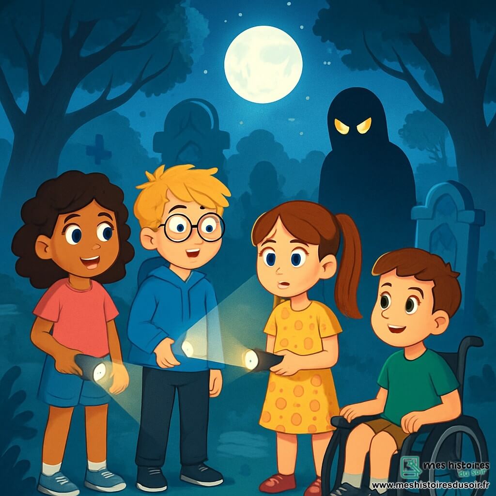 Quatre enfants se tiennent dans un vieux cimetière : Lola, 9 ans, cheveux bruns bouclés, t-shirt rose et short en jean, tient une lampe torche ; Max, 10 ans, cheveux blonds en bataille et lunettes, porte un sweat à capuche bleu et un pantalon noir ; Emma, 9 ans, cheveux longs en queue de cheval, vêtue d'une robe à fleurs, a l'air inquiet ; Hugo, 10 ans, en fauteuil roulant, avec des cheveux châtains et un t-shirt vert, sourit courageusement. La lune éclaire leurs visages tandis qu'une silhouette sombre près d'une pierre tombale les observe. Les enfants avancent prudemment, unis par leur amitié, dans une atmosphère intrigante et légèrement effrayante.
