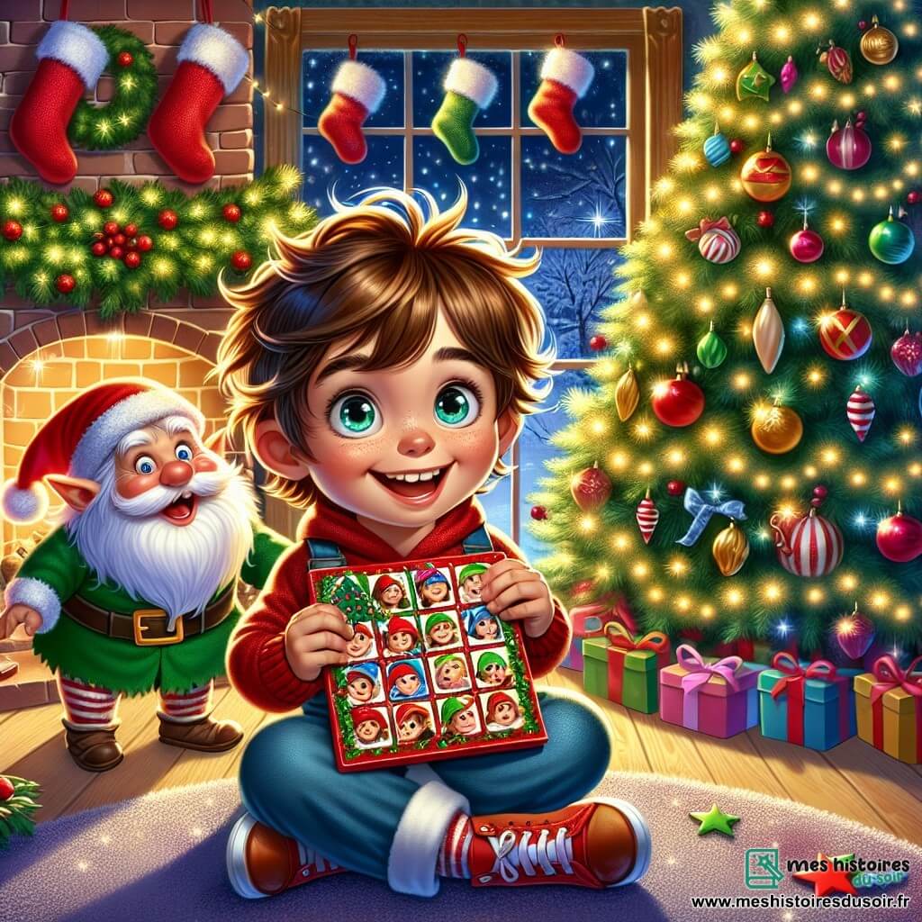 Un petit garçon de 4 ans, Arthur, aux cheveux châtains en bataille et aux yeux pétillants de curiosité, est assis par terre avec un grand sourire. Il tient un calendrier de l'Avent ouvert, prêt à découvrir une nouvelle surprise. À côté de lui, un lutin farceur aux oreilles pointues, vêtu d'un costume rouge et vert, se cache derrière un sapin décoré. La scène se déroule dans un salon chaleureux, rempli de décorations de Noël : un sapin majestueux, des guirlandes lumineuses et des chaussettes accrochées à la cheminée. Arthur, excité, cherche le lutin qui a laissé un message mystérieux dans son calendrier, tandis que le lutin se cache, prêt à faire une nouvelle farce.
