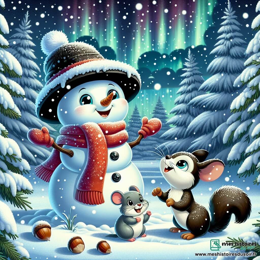 Un bonhomme de neige souriant, portant un grand chapeau noir et une écharpe rouge, se tient au centre d'un jardin enneigé, levant les bras émerveillé par les flocons de neige. À sa droite, un petit écureuil aux yeux pétillants cherche des noisettes dans la neige. À sa gauche, une petite souris grise scrute le sol à la recherche d'un abri chaud, admirant le bonhomme de neige. Le jardin est rempli de sapins recouverts de neige, et le ciel est illuminé par une aurore boréale, créant une ambiance magique et hivernale de joie et d'amitié entre les trois amis.