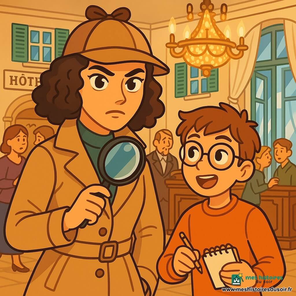 Lucie Renard, détective d'une trentaine d'années, se tient au centre de l'image, avec des cheveux bruns bouclés et des yeux bleus perçants. Elle porte un trench-coat beige et un chapeau, affichant une expression déterminée. À ses côtés, Max, un garçon de douze ans aux cheveux châtains et lunettes, regarde autour de lui avec excitation, tenant un carnet de notes. La scène se déroule dans le hall d'entrée de l'hôtel de la Place, un bâtiment aux murs blancs et volets verts, avec un lustre et des meubles en bois sculpté. Des clients inquiets murmurent, ajoutant une atmosphère de mystère. Lucie et Max enquêtent sur la disparition de l'écrivain Théo Bernard, scrutant les lieux à la recherche d'indices, tandis qu'une légère brise fait danser les rideaux.