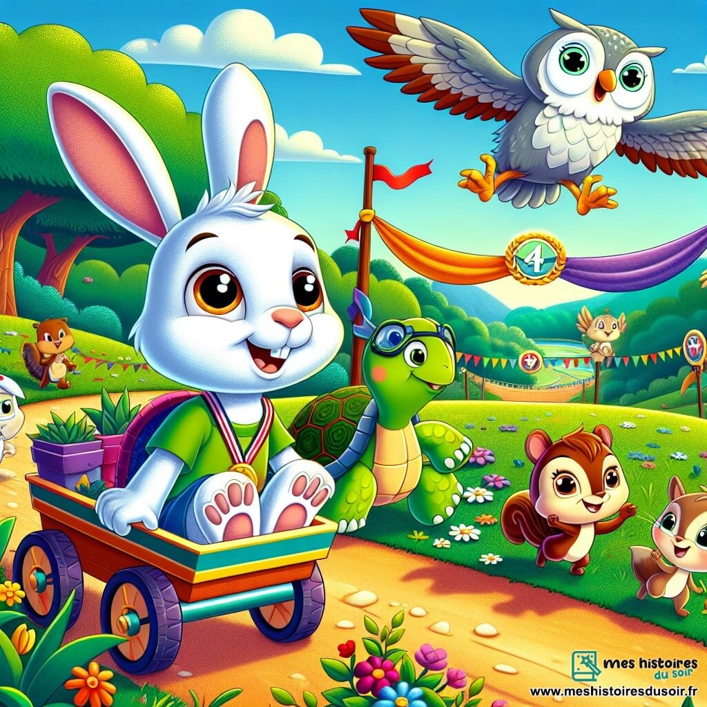 Léo, un petit lapin blanc aux grandes oreilles et aux yeux pétillants, est assis dans un chariot coloré, souriant avec détermination. Il est accompagné de Tessa, une tortue verte qui le regarde avec fierté, et de Sam, un écureuil brun qui saute joyeusement à côté du chariot, les bras levés. En arrière-plan, Hugo, un hibou sage aux plumes grises, observe la scène. La scène se déroule dans une vallée verdoyante avec des fleurs colorées et des arbres sous un ciel ensoleillé. Au loin, une ligne d’arrivée décorée symbolise la fête et l’amitié. Léo et ses amis franchissent ensemble un ruisseau, affichant des expressions de joie et de solidarité, illustrant l’esprit d’entraide et de célébration des différences.
