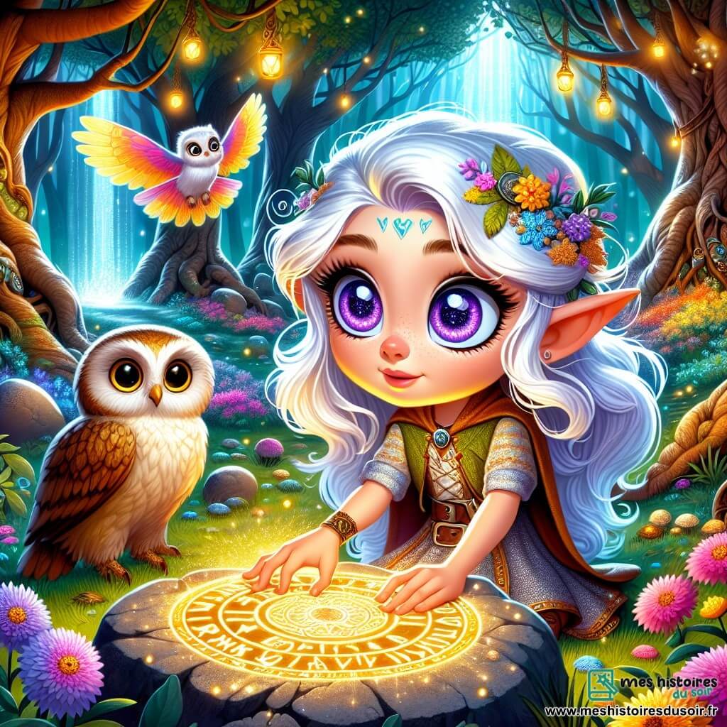 Une jeune elfe, Lira, aux grands yeux violets pétillants de curiosité, se tient au centre d'une clairière enchantée. Ses cheveux argentés flottent dans le vent, et sa petite queue de dragon scintille sous la lumière. Elle touche une pierre ancienne, son visage exprimant émerveillement et surprise. À proximité, la sage chouette Mistra, avec ses plumes brunes, observe Lira depuis une branche, prête à lui offrir des conseils. La clairière est entourée d'arbres majestueux et de fleurs multicolores. Au centre, un cercle de pierres anciennes couvertes de runes brillantes émet une lueur mystérieuse. Lira découvre ses nouvelles capacités magiques, prête à embrasser son destin fantastique.