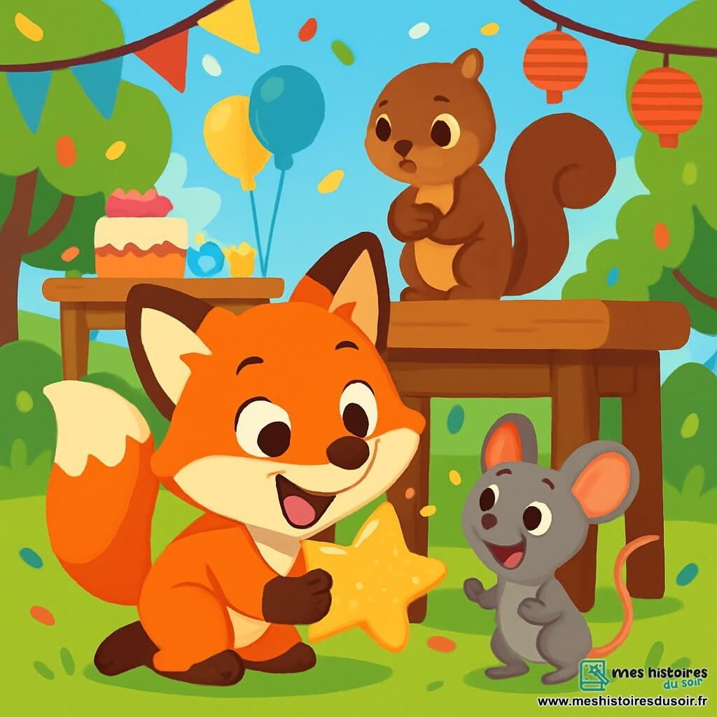 Un renard espiègle aux poils roux et aux yeux curieux s'agenouille sous un banc en bois, joyeux, tenant une étoile dorée dans ses pattes. À côté, une petite souris grise aux grandes oreilles admire l'étoile, prête à sauter de joie. Un écureuil brun, perché sur le banc, observe la scène avec concentration. Le parc coloré est rempli de guirlandes festives, de ballons, de gâteaux et de lanternes rouges. La lumière du soleil crée des ombres dansantes. Le renard découvre l'étoile perdue, entouré de ses amis, dans une atmosphère joyeuse et magique, avec des confettis flottant autour d'eux.