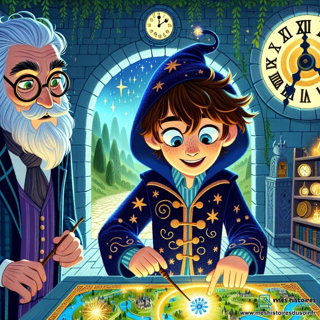 Solal, un garçon de onze ans, est un apprenti sorcier aux yeux curieux et aux cheveux ébouriffés. Il porte une robe d'apprenti en velours bleu nuit avec des motifs d'étoiles scintillantes et tient une baguette en bois de sureau, son visage rayonnant d'excitation. À ses côtés, Maître Vesper, un homme âgé à la barbe argentée et aux lunettes rondes, observe attentivement une carte animée du village, ses yeux brillants de sagesse. Ils se trouvent dans la tour de l'horloge, entourés de murs en pierre couverts de lierre et d'horloges de toutes tailles. Ils examinent la carte, tandis que des éclats de lumière dorée émanent de trois lieux mystérieux : la bibliothèque interdite, le vieux moulin au bord du lac, et la forêt des Murmures, dans une atmosphère chargée de magie.