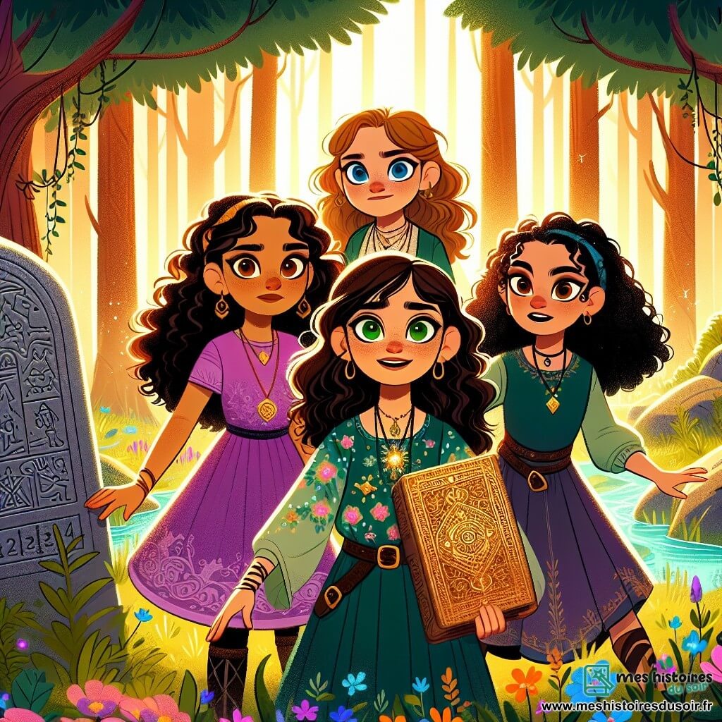 Dans une clairière enchantée, quatre amies se tiennent prêtes pour l'aventure. Lila, 11 ans, cheveux longs et bouclés, porte une robe colorée et tient une carte ancienne. Aline, aussi 11 ans, avec des cheveux bruns et un t-shirt floral, est excitée. Maelle, prudente, a des cheveux frisés et une tunique verte, émerveillée par le paysage. Soraya, aux cheveux noirs et aux yeux pétillants, porte une robe violette et un pendentif scintillant. La clairière, baignée de lumière dorée, est entourée d'arbres majestueux et de fleurs colorées, avec un ruisseau serpentant. Elles se tiennent devant une pierre ancienne gravée de symboles mystérieux, prêtes à découvrir les secrets du Labyrinthe de l’Illusion et à affronter leur première épreuve pour retrouver l'artefact des Gardiens de la Lumière.