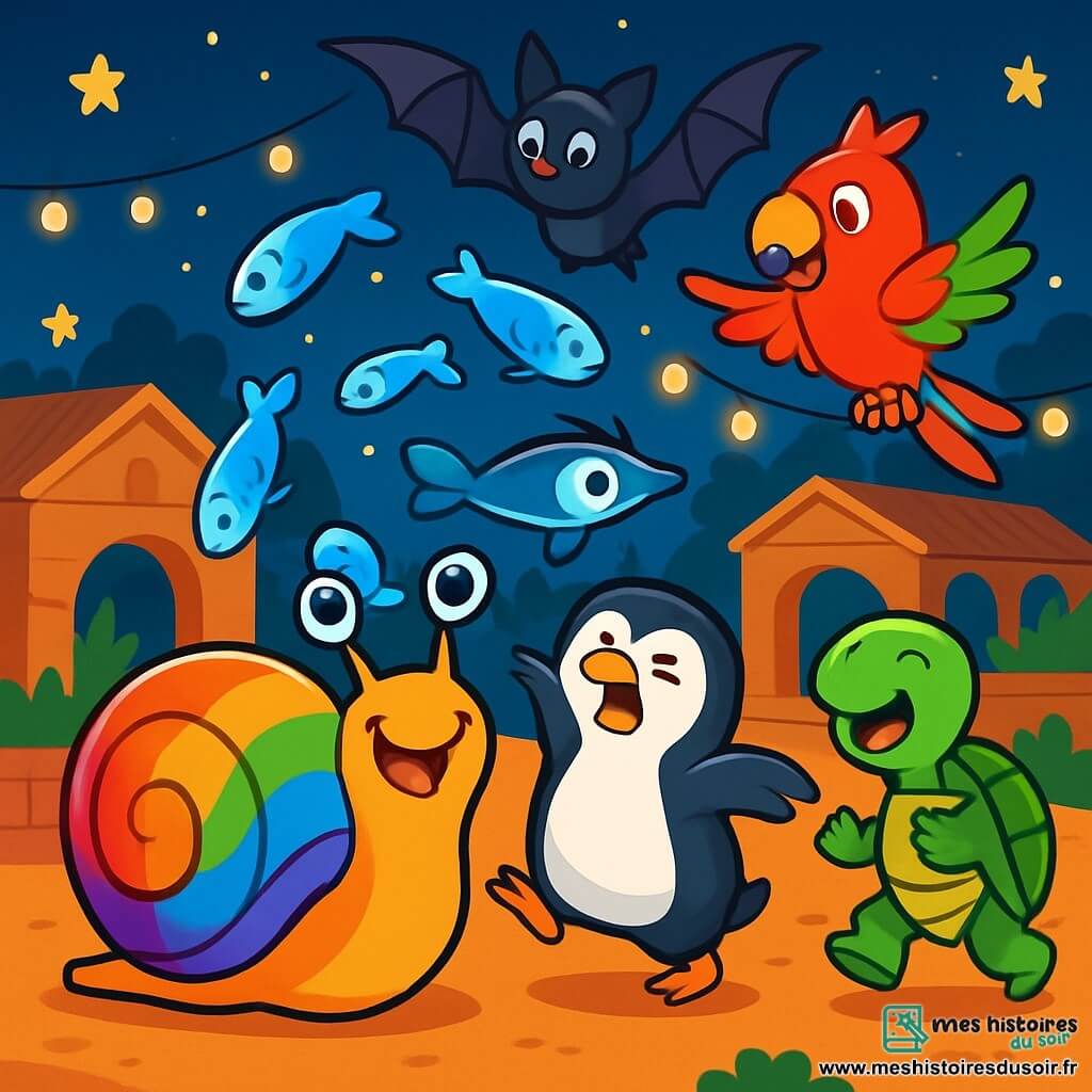 Un escargot nommé Escargoo, avec une coquille arc-en-ciel, jongle joyeusement avec des poissons glacés. À ses côtés, Ping-Pong, un pingouin, trébuche en jonglant, tandis que Coco, un perroquet coloré, virevolte dans les airs. Lulu, une tortue, court autour d'eux en riant, et Bella, une chauve-souris, vole au-dessus de la scène. Le décor est une cour de zoo sous un ciel étoilé, avec des animaux applaudissant autour, créant une ambiance festive. L'équipe d'animaux est en pleine performance de jonglage, illustrant l'amitié et l'aventure.