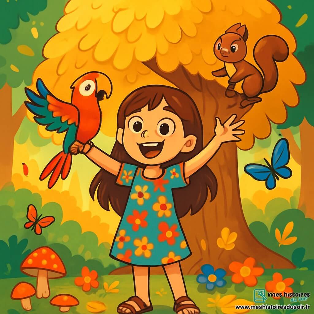 Luna, une petite fille de 10 ans aux longs cheveux bruns et aux yeux curieux, se tient devant un immense arbre aux feuilles dorées, rayonnante d'émerveillement. Elle porte une robe colorée à fleurs et lève les bras, comme si elle venait de découvrir un trésor. À ses côtés, Coco, un perroquet multicolore, est perché sur son épaule avec un air espiègle. Plus loin, Noisette, un écureuil brun aux yeux malicieux, grimpe sur une branche, observant la scène. Le décor est une forêt enchantée, baignée de rayons de soleil, avec un sol couvert de fleurs colorées et de feuilles dorées, des champignons étranges et des papillons dansent autour d'eux. Ensemble, Luna, Coco et Noisette se tiennent devant l'arbre magique, prêts à faire un vœu, leurs visages illuminés par l'excitation d'une aventure incroyable.